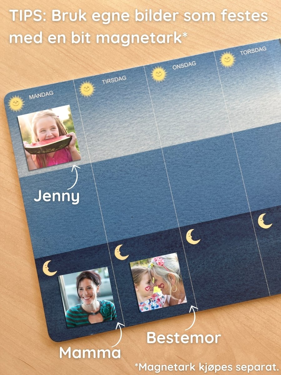 Nærbilde av en ukesoversikt som viser bruk av ekte bilder av familiemedlemmene. Fest en bit magnetark på baksiden av bildene, så kan disse også flyttes rundt.