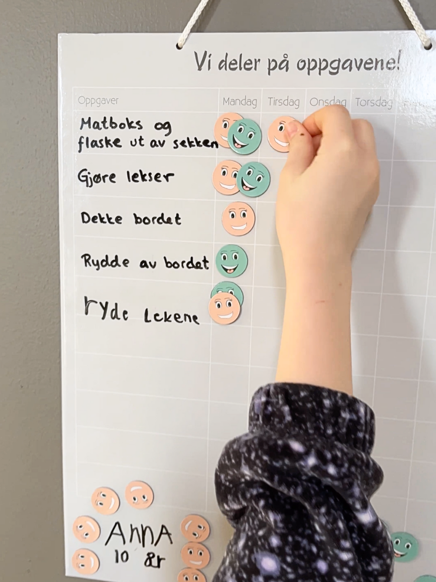 Vi deler på oppgavene. En kalender med gjøremål til familiens barn. Samarbeid. Hjelpe til. Ukelønn