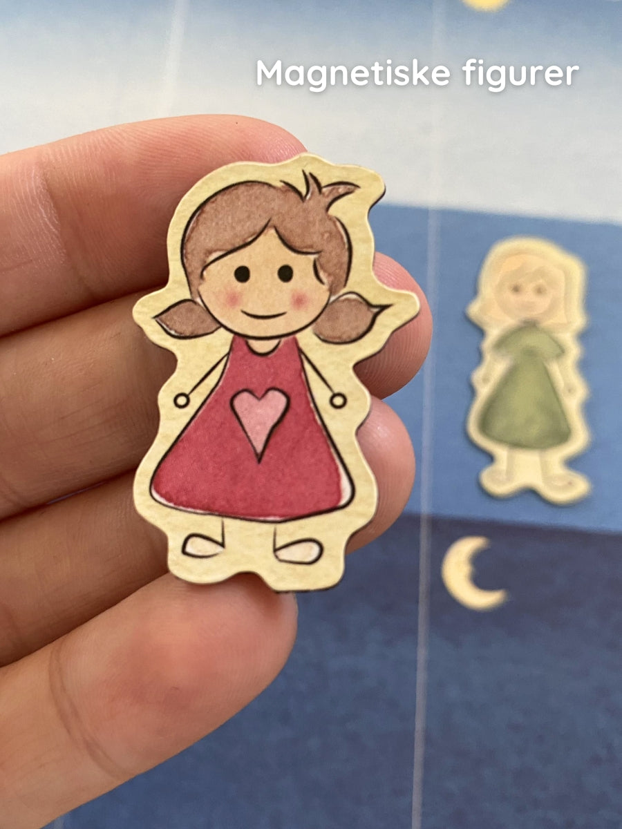 Nærbilde av en brikke av en jente. Til barn som bor litt hos mamma og litt hos pappa: Denne fine, enkle ukesoversikten hjelper barnet med å forstå hvor det skal sove hver dag i uken, slik at overgangene mellom hjemmene blir lettere å forholde seg til. Forutsigbarhet skaper trygghet!