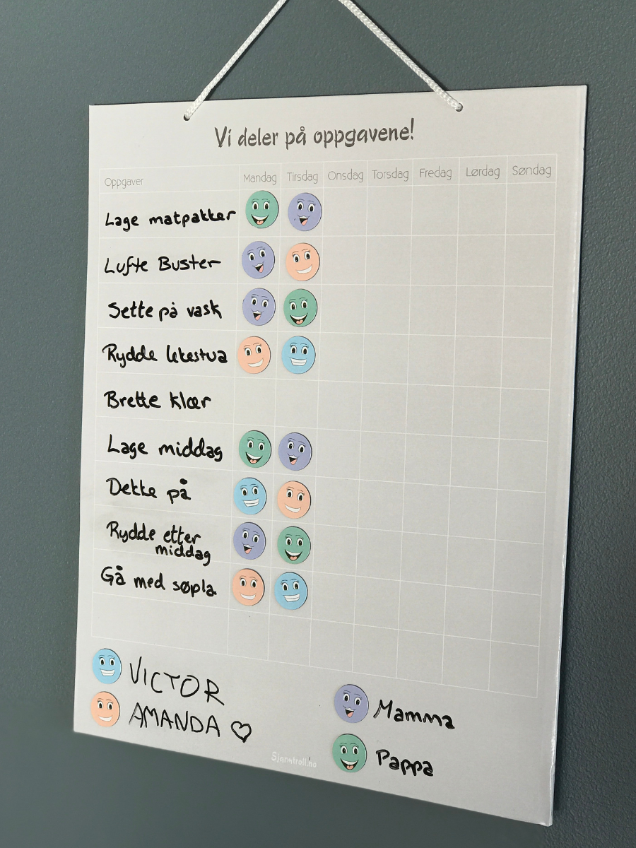 Hvem gjør hva? En kalender som fordeler oppgaver i hjemme. Nærbilde av en kalender med smileys