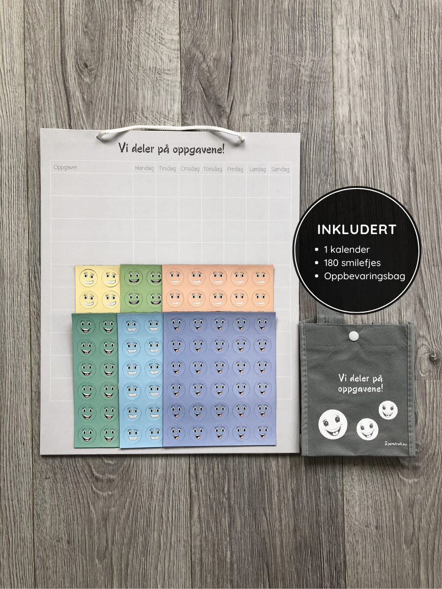 En familiekalender med 180 smileys og oppbevaringsbag. Ukens gjøremål, samarbeid, fellesskap og gode rutiner.