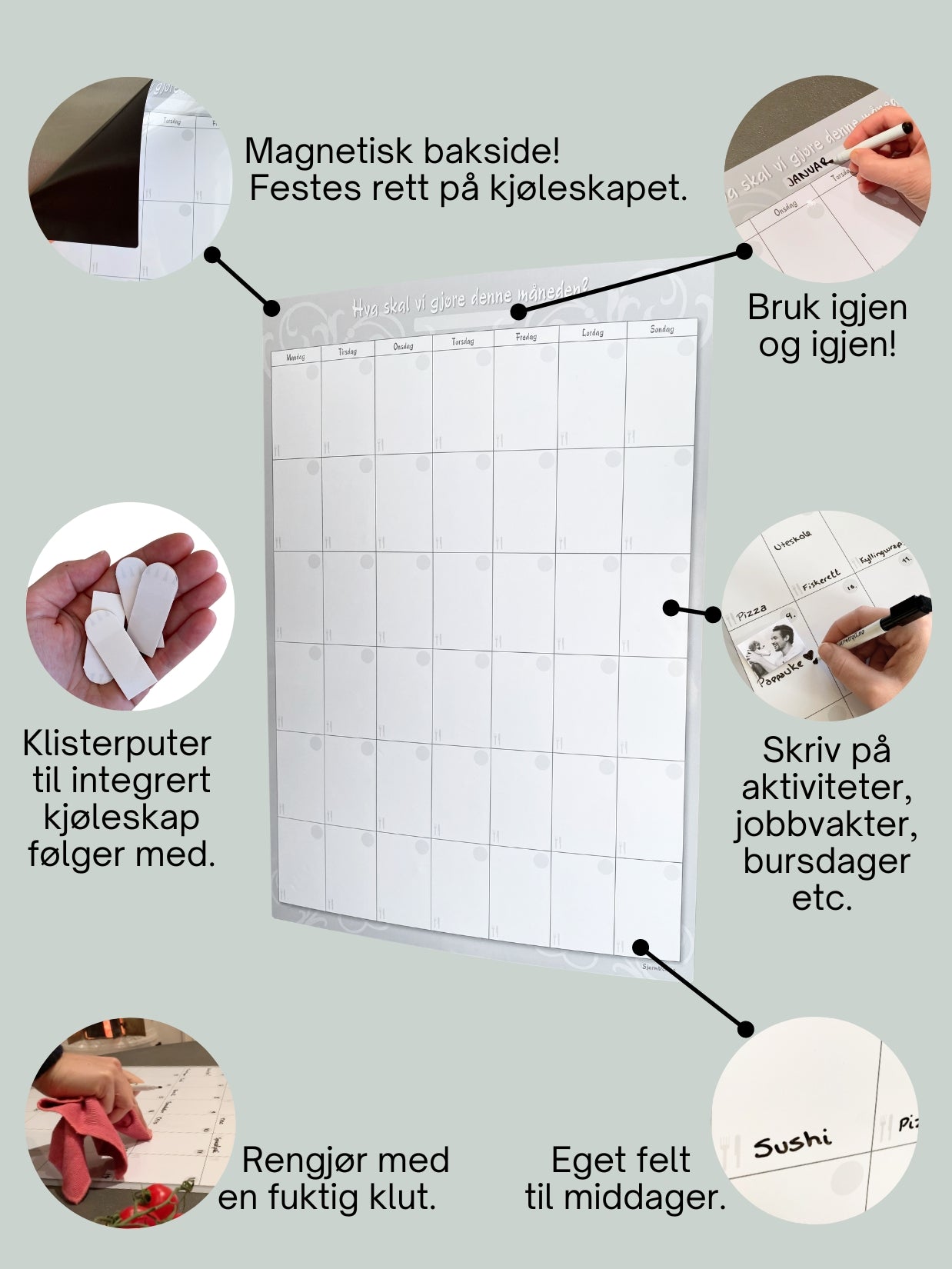 Stor magnetisk månedsplan som kan henge på kjøleskapet og veggen.