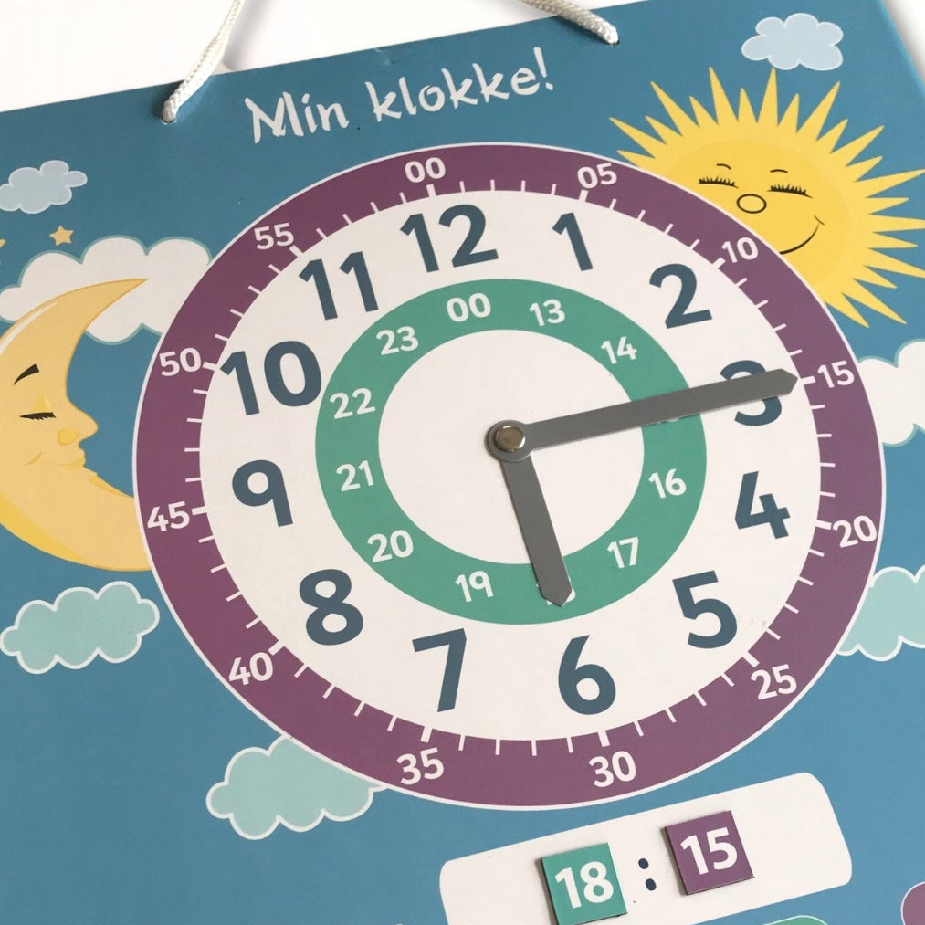 Klokketavle til barn - Lær analog og digital klokke. Bevegelige visere. Magnetiske brikker som enkelt kan flyttes rundt.