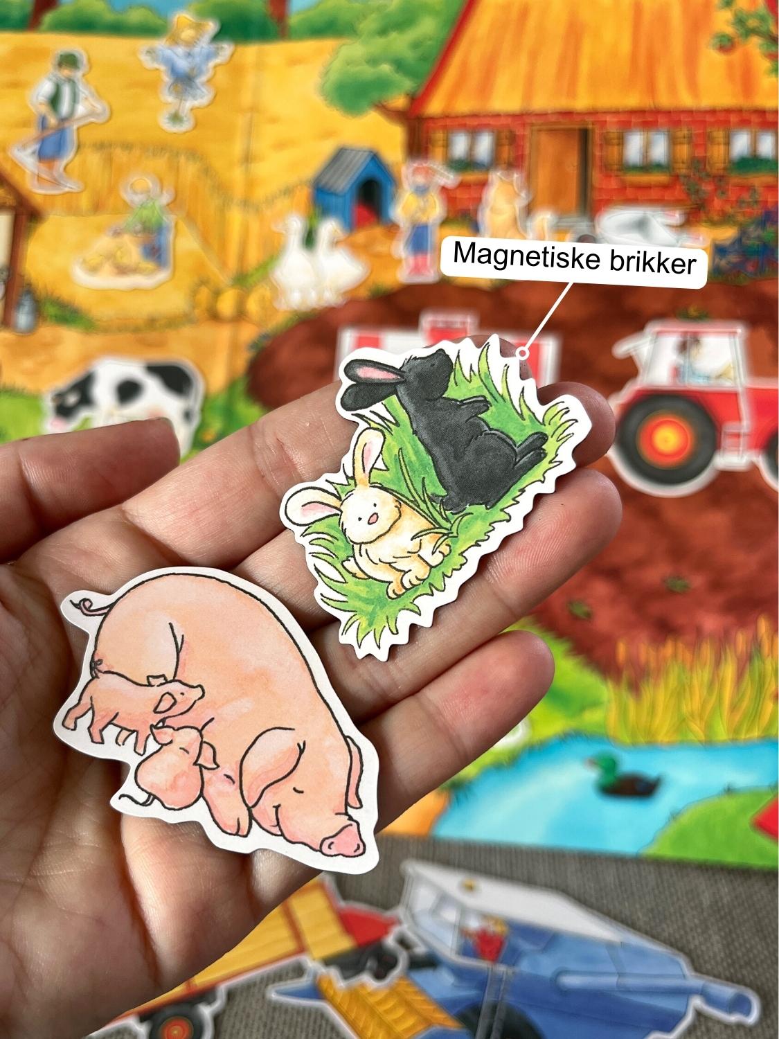 Nærbilder av griser og kaniner. Magnetiske brikker, der barna kan leke med og bli kjent med både dyr, maskiner og mennesker som bor på gården.