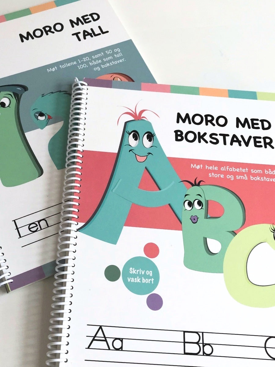 Nærbilde av bøkene Moro med bokstaver og moro med tall