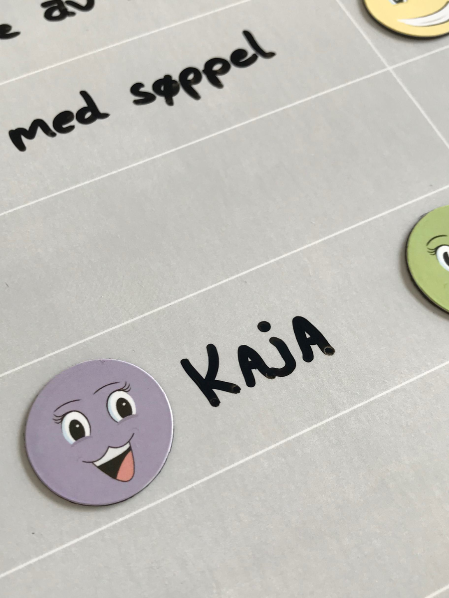 Nærbilde av kalenderen som viser et navn på en i familien. Hverdagslige gjøremål som fordeles.