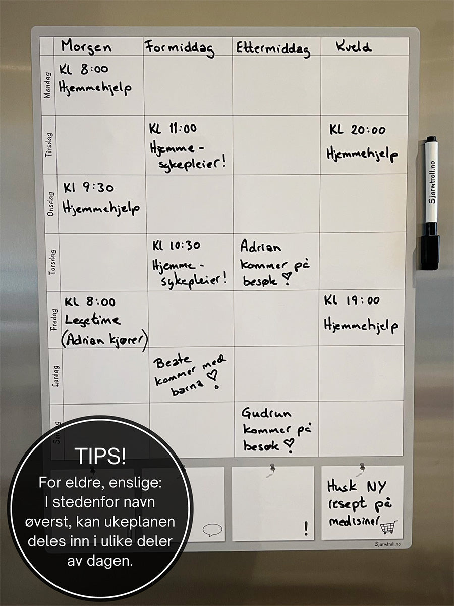 Ukeplanen kan tilpasses eldre og gi oversikt over medisiner, hjemmesykepleie, besøk osv.