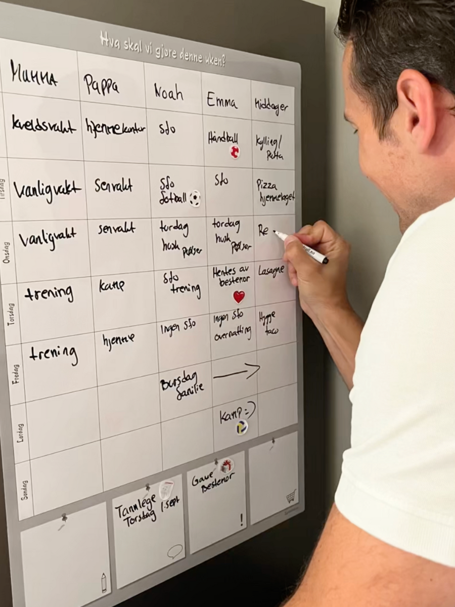 En pappa står på kjøkkenet og planlegger ukens middager som han skriver på ukeplanen.