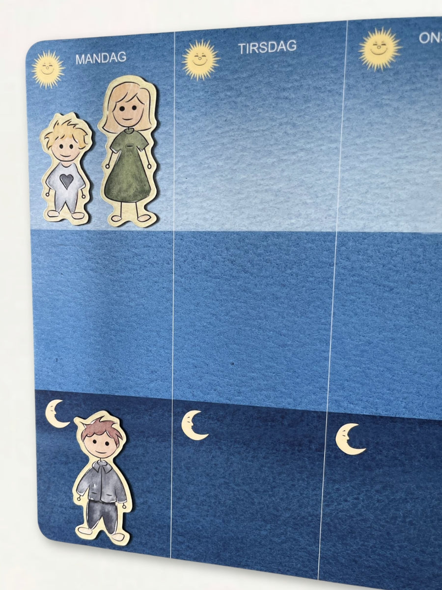 Nærbilde av en ukesoversikt for barn som bor to steder. En liten gutt med mamma og pappa. Magnetiske brikker som enkelt kan fyttes på.
