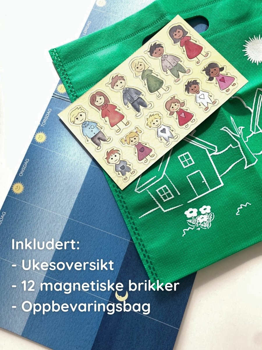 Nærbilde av en ukesoversikt, 12 magnetisek brikker og en oppbevaringsbag. Til barn som bor litt hos mamma og litt hos pappa: Denne fine, enkle ukesoversikten hjelper barnet med å forstå hvor det skal sove hver dag i uken, slik at overgangene mellom hjemmene blir lettere å forholde seg til. Forutsigbarhet skaper trygghet!