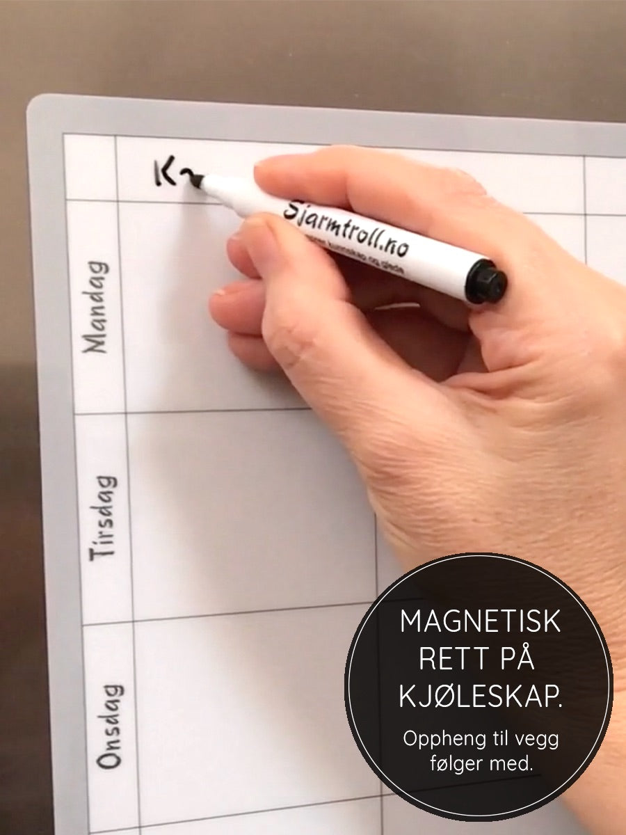 Magnetisk ukeplan som festes rett på kjøleskapet. Oppheng til vegg og innebygd  kjøleskap følger med