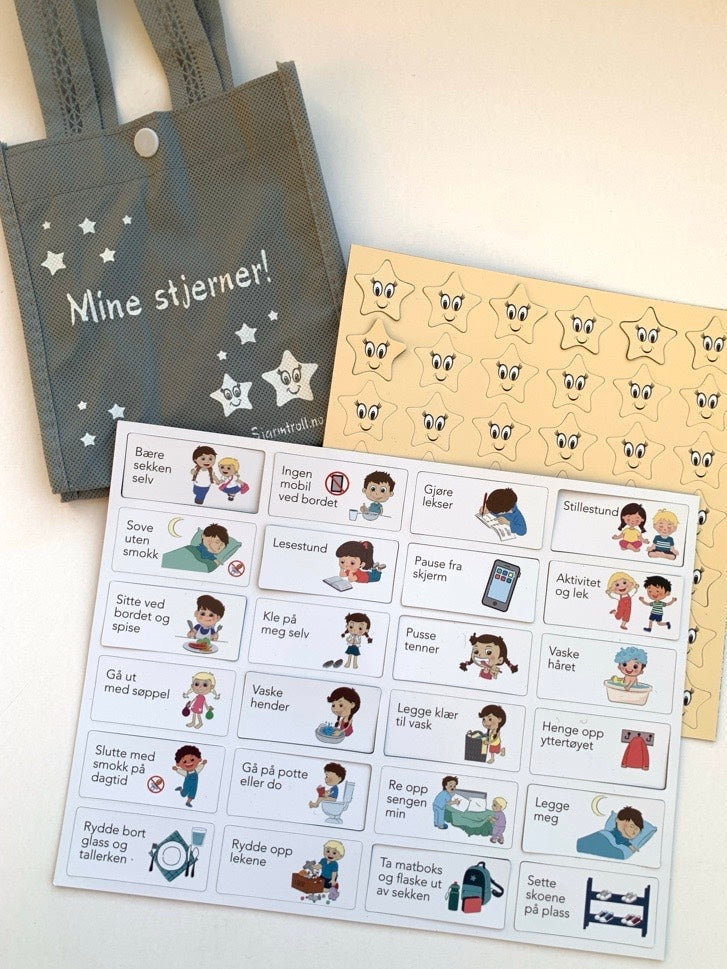 24 oppgavebrikker, gule stjerner og veske