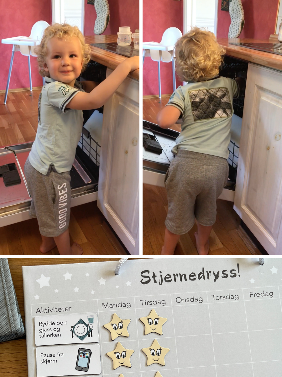 Liten gutt som setter inn i oppvaskmaskinen og bruker Stjernedryss